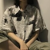 Newspaper Pattern Short Sleeve Casual Blouse Shirt